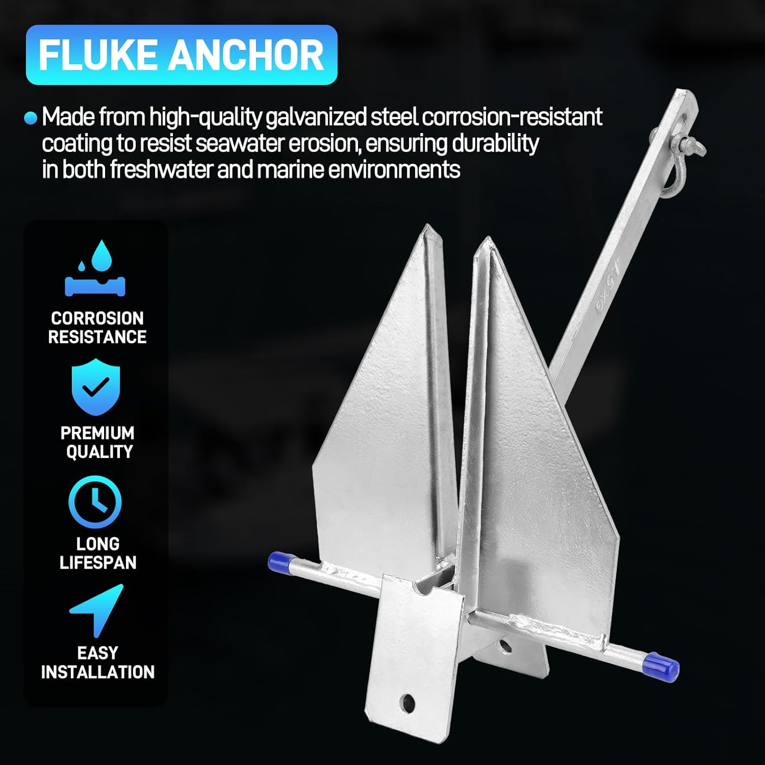 Heavy Duty Boat Anchor Kit, Fluke Style with Chain and Rope Set, Compatible with Pontoon, Deck, Fishing, and Sailboats, Galvanized Steel